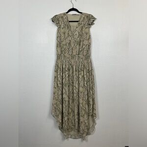 Ramy Brook Smock Waist Ruffle Sleeve Animal Print Reina Midi Dress Large